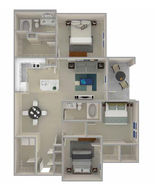 Floor plan for 3 beds, 2 baths, 1373 sqft